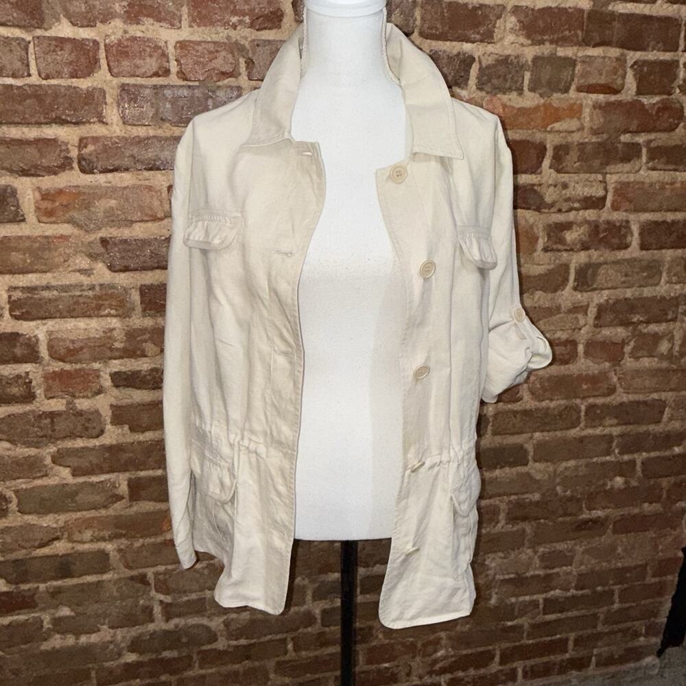100% Linen Safari Shirt/jacket Utility Coastal Drawstring Waist Roll Tab L EUC - Picture 7 of 13